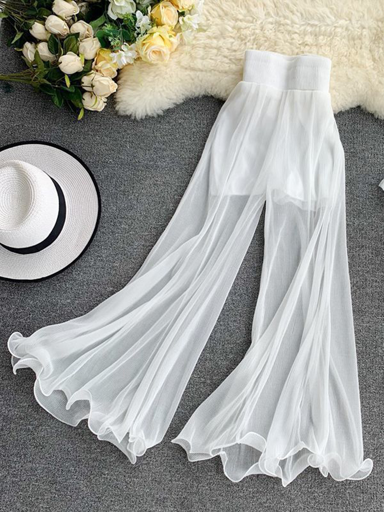 ZOKI Pantaloni a zampa d'elefante da donna Pantaloni larghi in garza elastica a vita alta con volant in chiffon Pantaloni da donna estivi bianchi neri di moda Novità