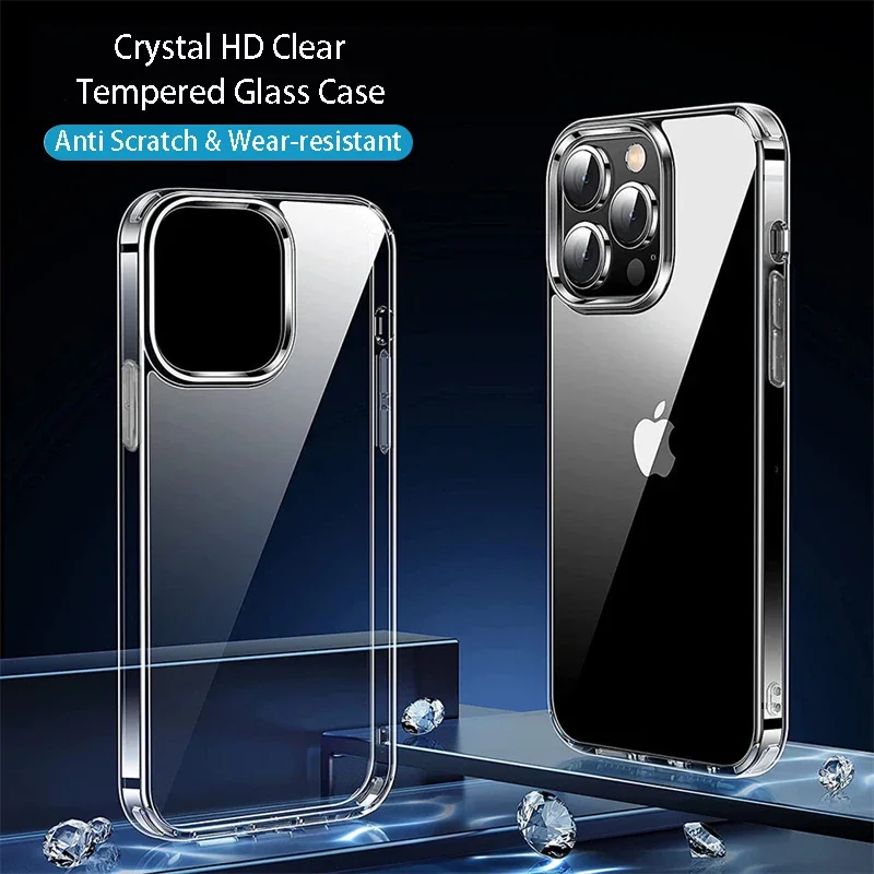 Прозрачный чехол из закаленного стекла для iPhone 16, 15, 14, Plus, 13, 12, 11 Pro Max Mini X XS XR 7, 8 SE, противоударный мягкий бампер, твердый чехол