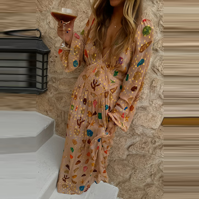 Elegancka sukienka wakacyjna z dekoltem w serek, wysoką talią, długa, damska, codzienna, z długim rękawem, w stylu bohemy, modna sukienka imprezowa z szyfonu z wzorzystym nadrukiem.