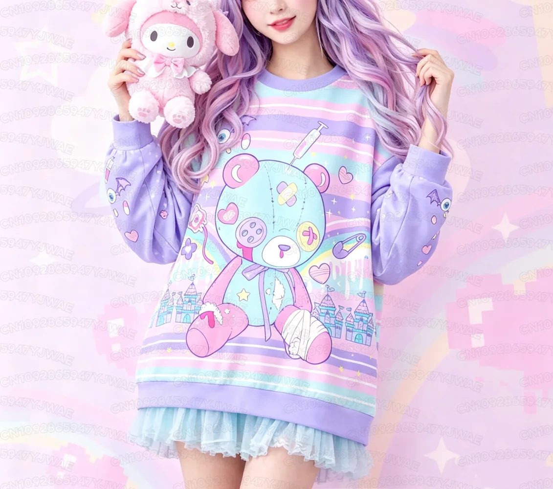 Hurt bear Women's Sweatshirt Cute Kawaii Rainbow Bear Fairy Kei Menhera Yami Kawaii Harajuku Pastel Goth Long Sleeve T-shirt Top