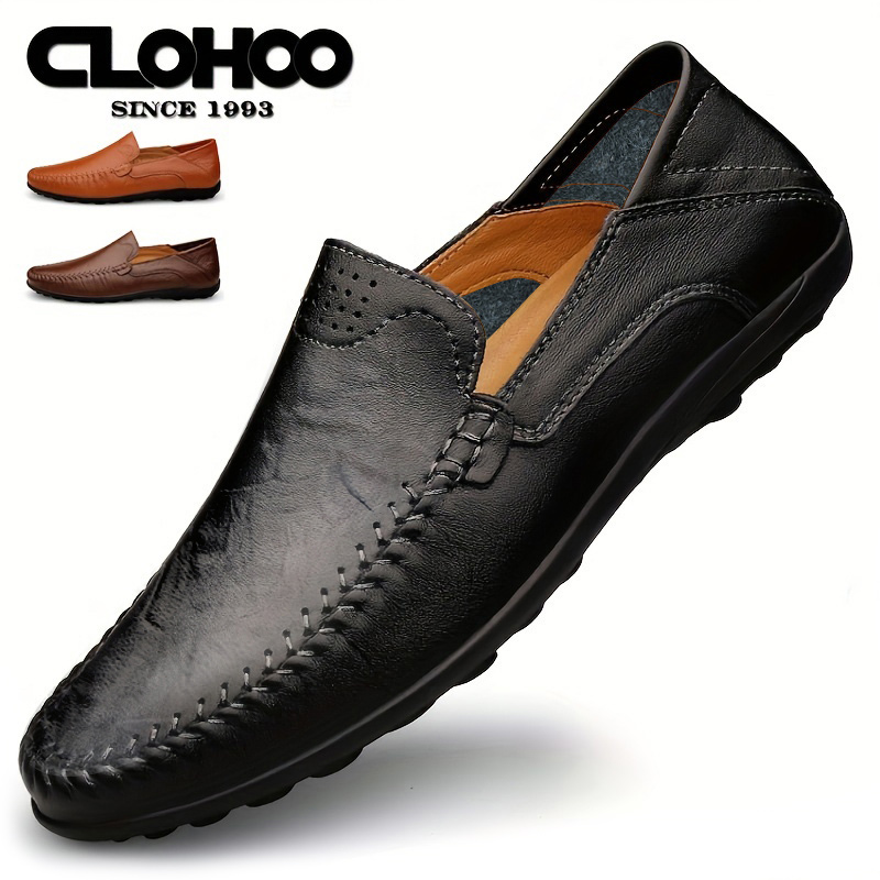 Clohoo sapatos casuais masculinos de negócios, costura de couro, confortável, respirável, fundo de borracha, segunda camada de couro