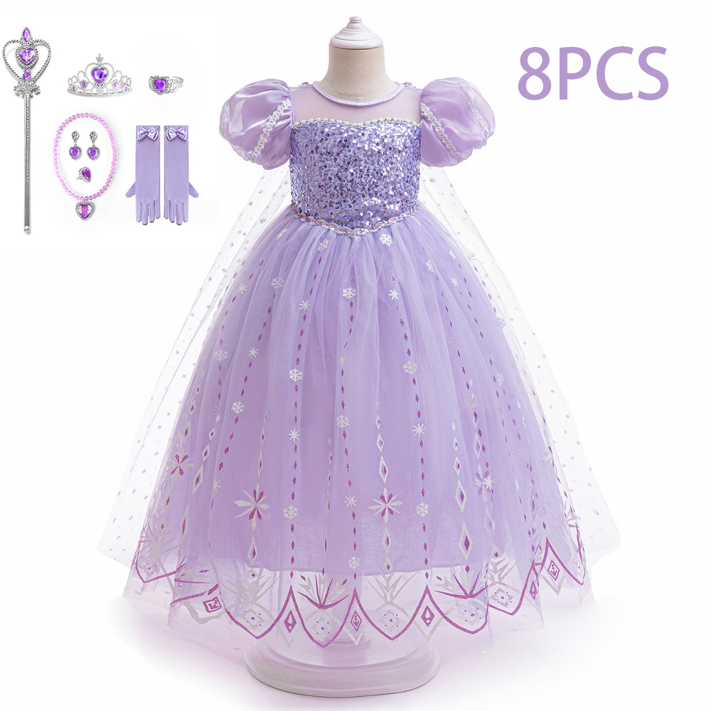 Ragazze 8 pezzi paillettes Elsa Princess Gown Girl Frozen Cosplay Party Dress Young Kids Shining Snowflake Clothes Fashion Evening Gown