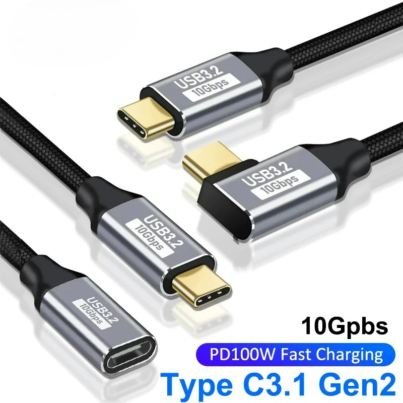 100W PD 5A 타입 USB C 3.1 Gen 2 남성-여성 연장 케이블 90도 각도 10Gbps USB C 연장 데이터 케이블 고속 충전 케이블