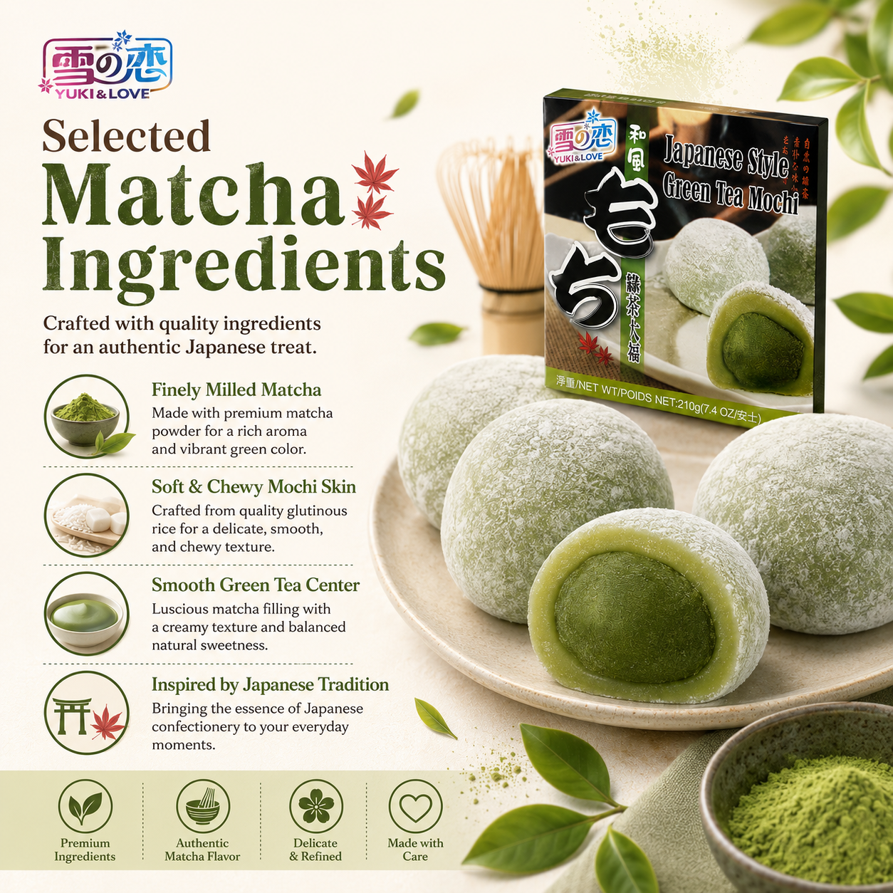 Delicioso Mochi Daifuku de Matcha, YUKI & LOVE, Tradicional Pastel Japonês de Chá Verde, Embalagem Familiar Conveniente de 210g