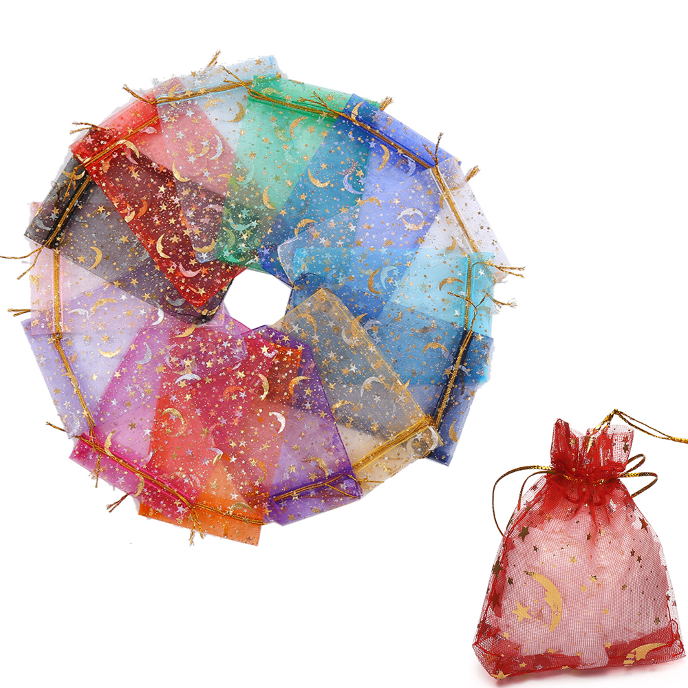 50 ชิ้น/ล็อต 7x9 9x12 10x15 13x18 ซม.การพิมพ์ Star Moon คริสต์มาส Organza กระสอบ Drawstring Charm บรรจุภัณฑ์ทุกวันเครื่องประดับทํา