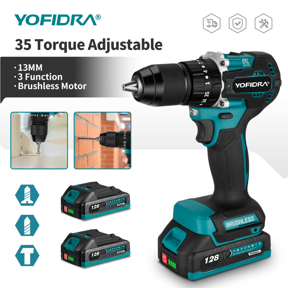 YOFIDRA-taladro de impacto eléctrico sin escobillas, 13MM, 35 + 3 torsión, destornillador inalámbrico para carpintería, herramienta eléctrica para Pin de batería Makita