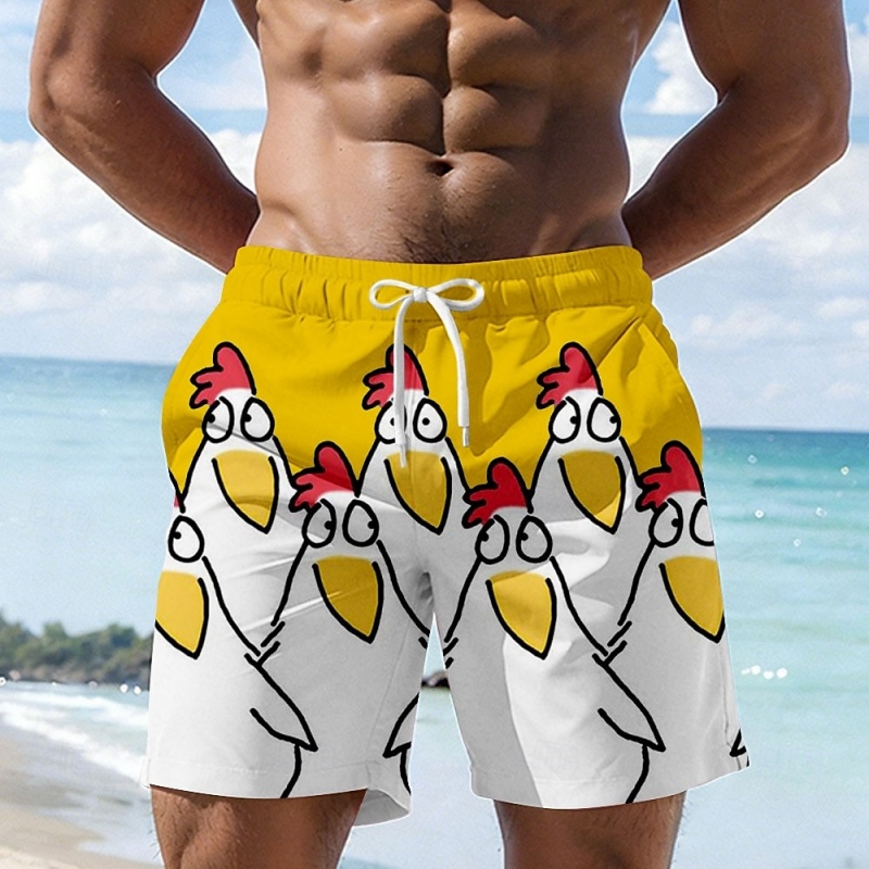 Divertidos bañadores con gráfico de pollo de dibujos animados para hombre, pantalones cortos informales con estampado 3D, traje de baño de surf de verano para Hawái, pantalones cortos de playa sueltos