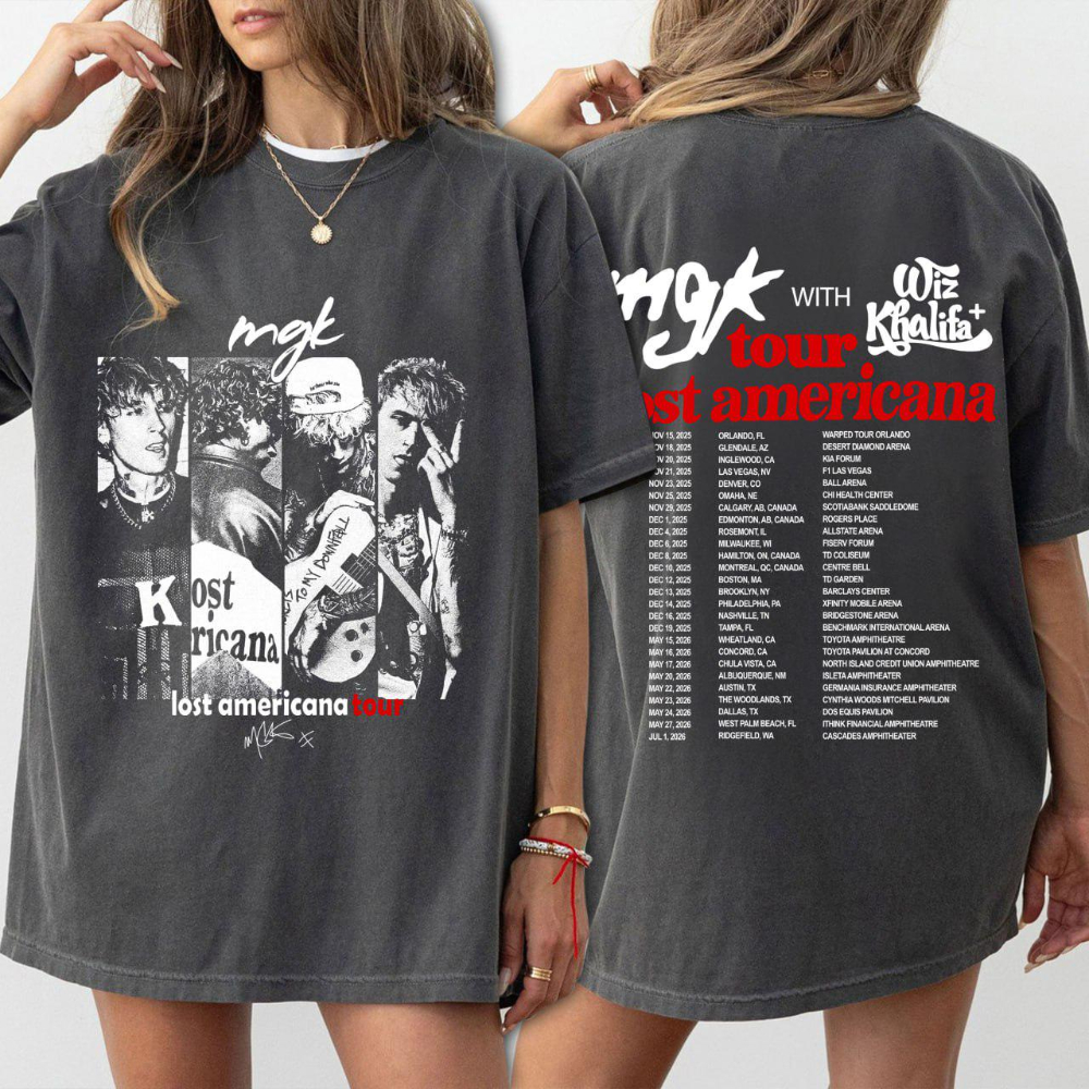 T-shirt MGK Lost Americana Tour, grafica grunge anni '90, con date tour anteriori e posteriori, maglietta da concerto rock, merchandising, regalo