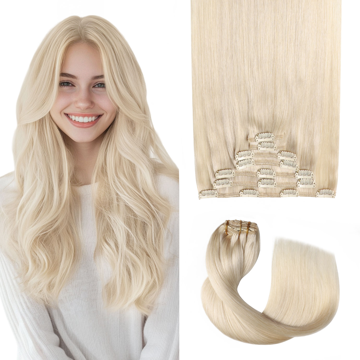 Ekstensi Rambut Sweet Pro2.0 natural Clip-g tebal 7pcs # 60 ekstensi rambut manusia platinum blonde Invisible Remy dengan klip, panjang 35cm-55cm, double weft untuk wanita