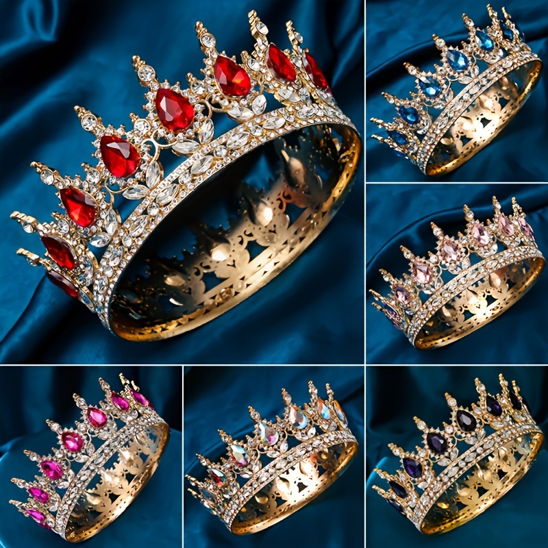 Corona de boda redonda de lujo barroca, Tiaras de cristal con diamantes de imitación para desfile nupcial, tocados moldeados de corona para reinas y rey
