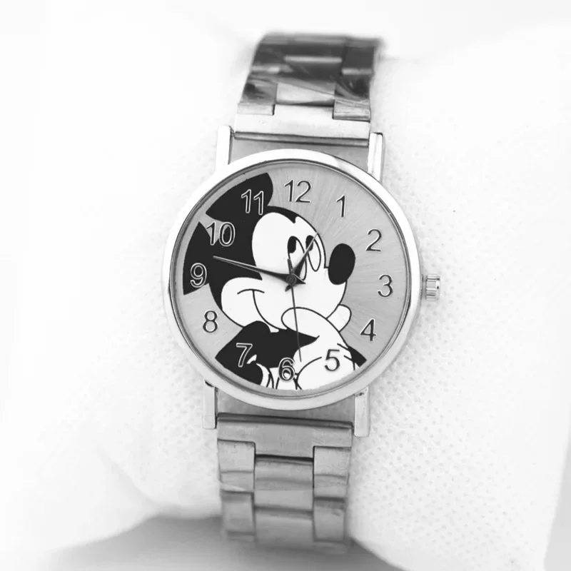 Reloj de pulsera para mujer de la marca de Mickey Mouse, relojes de cuarzo informales de malla de acero inoxidable con estilo, regalo para niña, reloj de pulsera para hombre