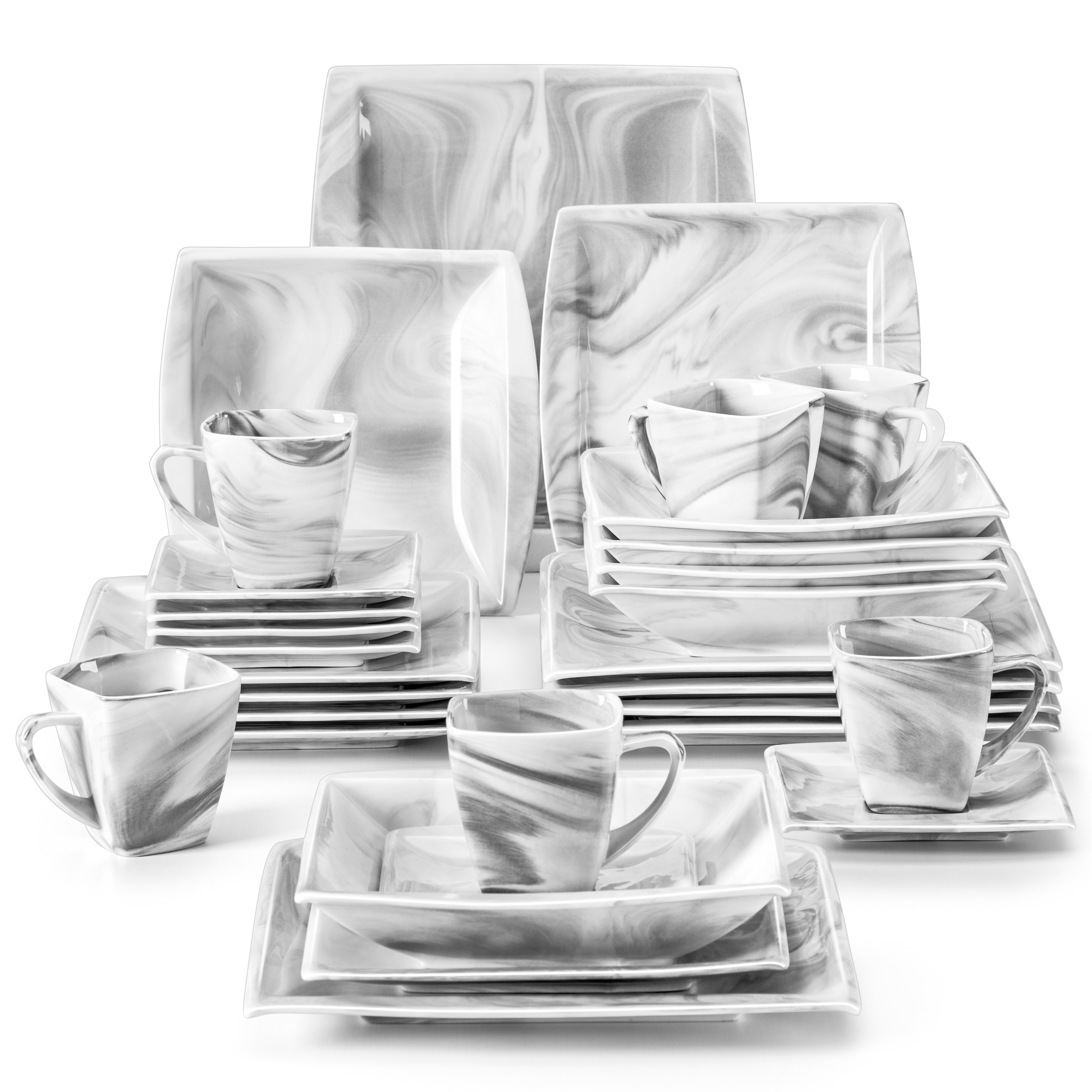 MALACASA 30/60 pz marmo grigio porcellana stoviglie Set di stoviglie con 6 pezzi Dessert/zuppa/piatto cena/tazza/piattino, servizio per 12