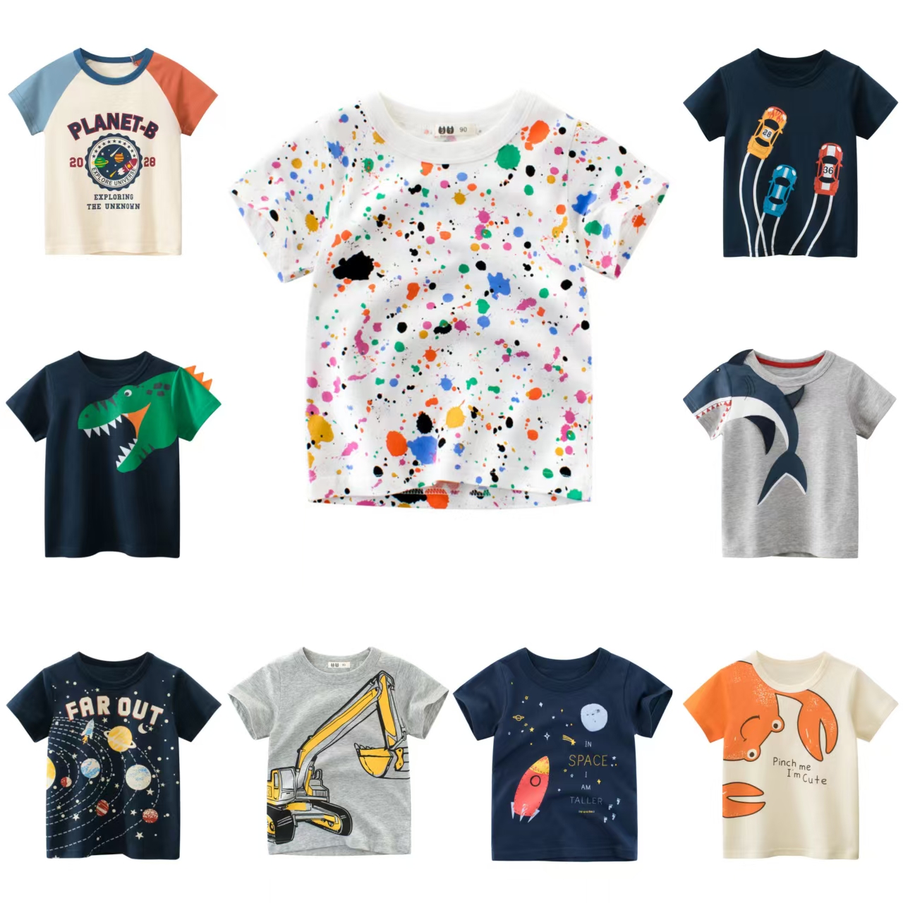 2-9 Years Boys T Shirt Graffiti Baby Kids Children Cotton Short Sleeves Summer Clothing Car Dinosaur Shark Printing