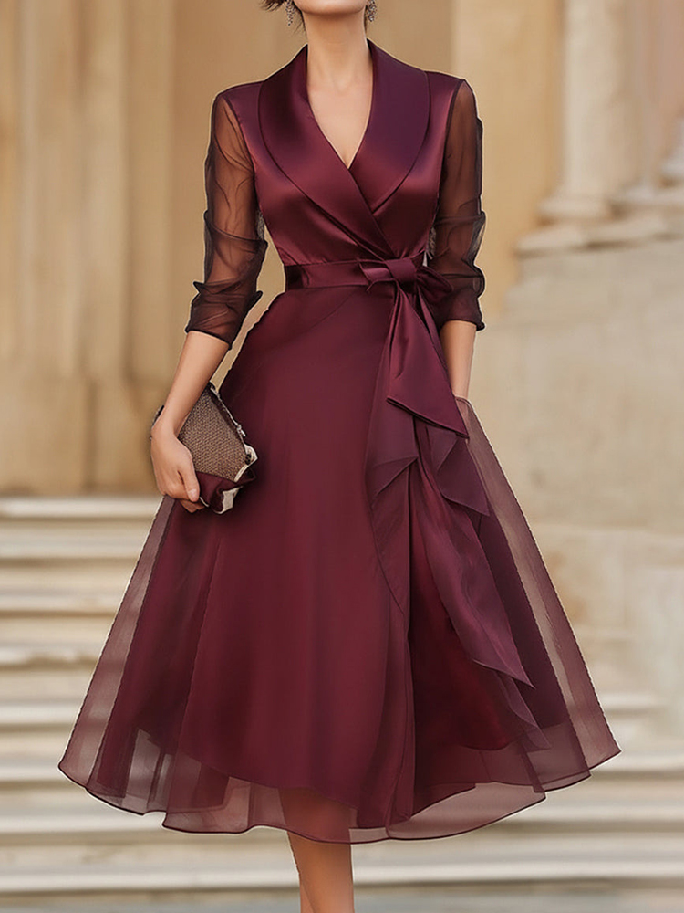 Vestido Feminino de Festa com Decote em V, Estilo High Street, Primavera Verão, com Patchwork de Malha e Cadarço, Liso, Elegante, Estilo Princesa, Moda Urbana