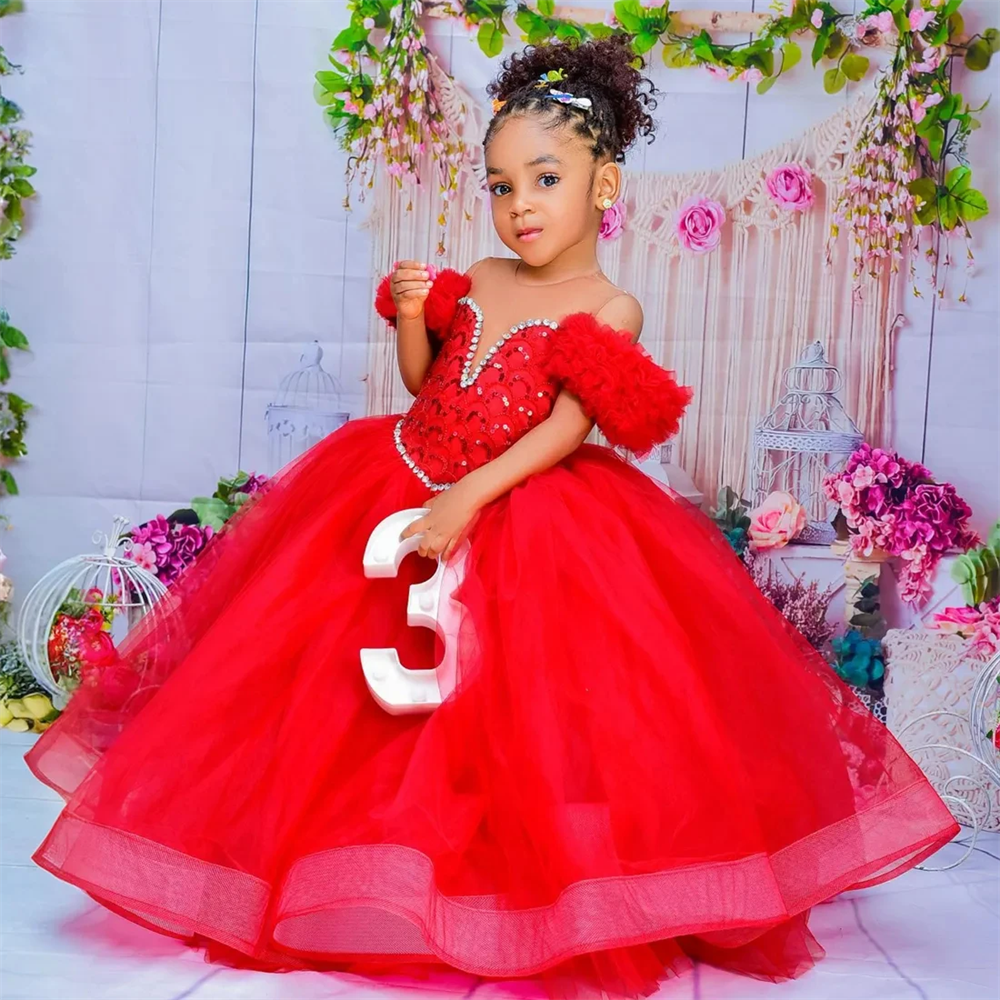Abiti da ragazza di fiori Abiti da ballo in tulle a strati con volant pieghettati per compleanno per bambini rossi per matrimonio