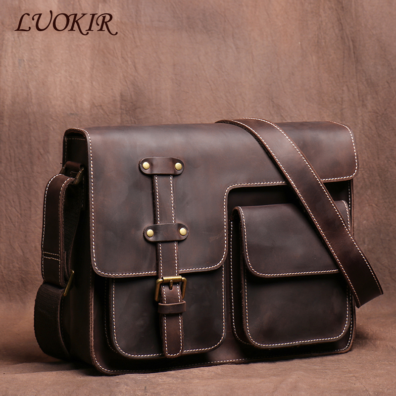 Luokir Echt Hoge Kwaliteit Gekke Paard Koeienhuid Schouder Crossbody Tas Mannen Lederen Deluxe Sling Messenger Bag Voor 12.9 Inch Ipad