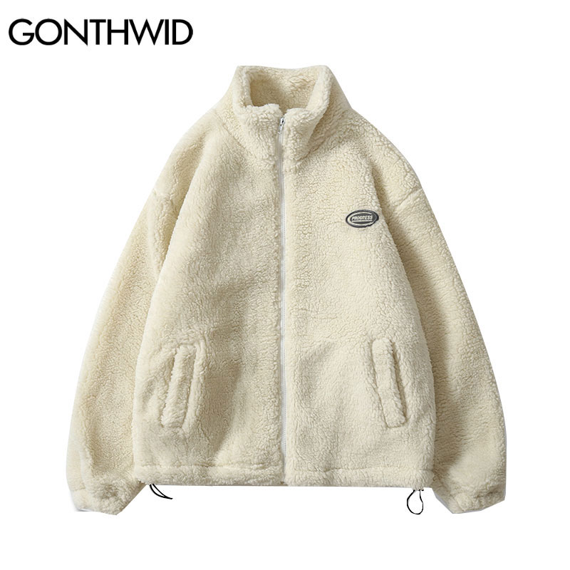 Hip hop inverno velo fofo jaqueta streetwear harajuku fuzzy zíper casaco masculino outono cor sólida jaquetas leves preto bege
