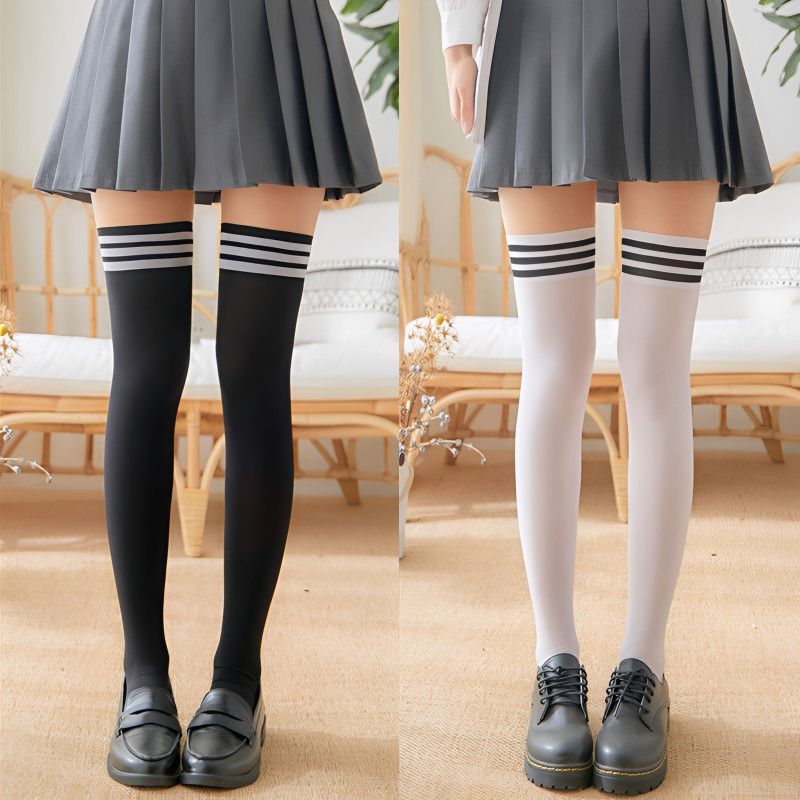 Chaussettes longues sexy noires et blanches pour femmes, bas au-dessus du genou, bas Lolita pour dames et filles