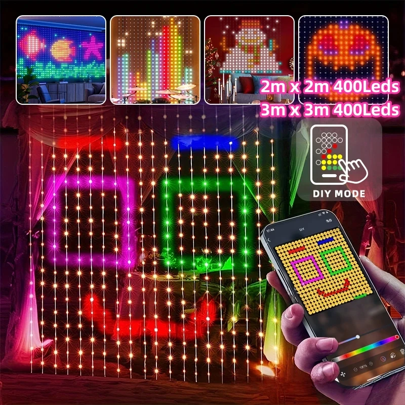 400LED スマートカーテンライト Bluetooth アプリ制御 DIY LED ストリング RGB フェアリーライト音楽同期 LED ディスプレイホリデーウィンドウ装飾用