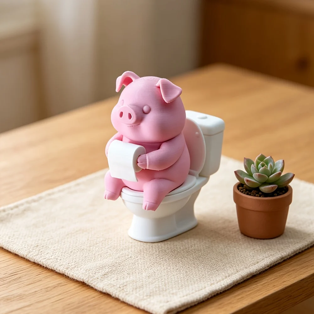 Cute Pig Sitting on Toilet,Bathroom Decor,Tabletop or Wall-Mounted,Home Office Desk & Living Room Display,Home Decor