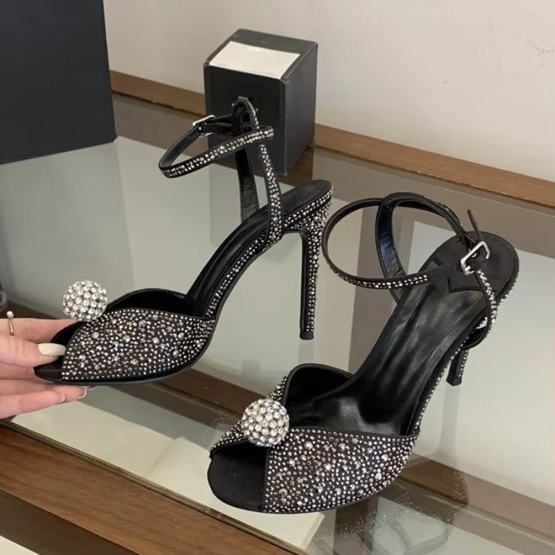 Aneikeh 2026 New Women Rhinestone High Heel Sandals Crystal Ball Ankle Strap Thin Heels Black Peep Toe Party Wedding Shoes