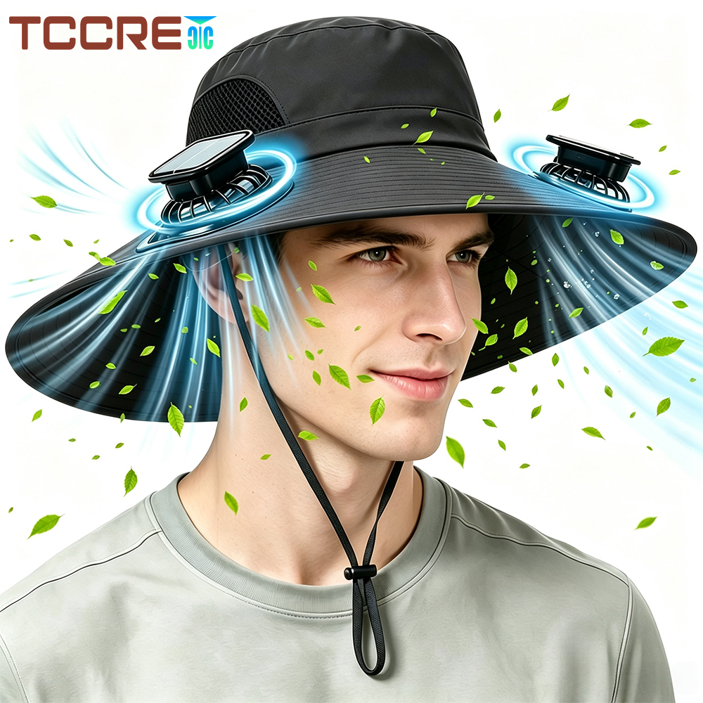 1 Buah Topi Kipas Tenaga Surya untuk Pria Wanita Topi Pinggiran Lebar dengan 2 Kipas 3 Kecepatan UPF 50+ Aktivitas Luar Ruangan Topi Matahari Pantai Memancing