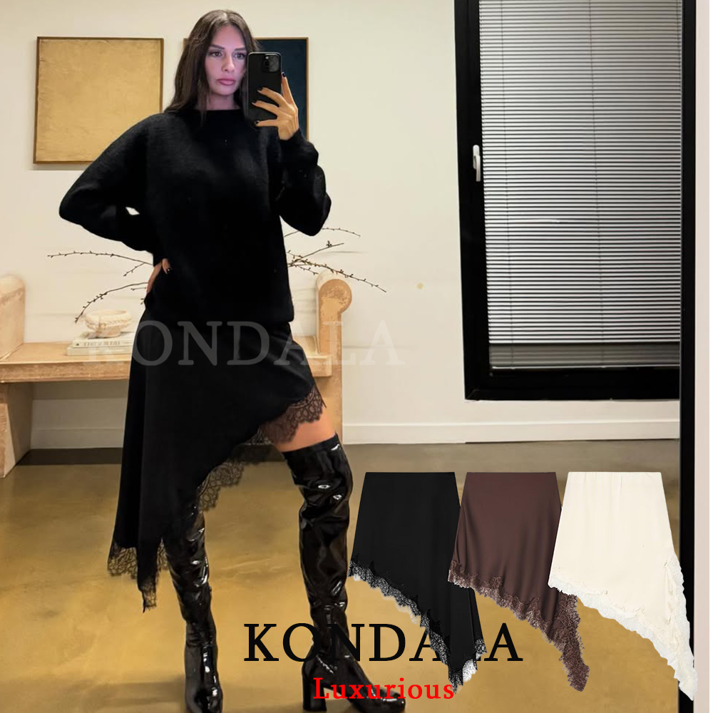 KONDALA Sexy Chic Nero Raso di Pizzo Gonne Delle Donne A Vita Alta Irregolare Midi Gonna Del Partito di Modo 2026 Evening Club Party Girl Gonna