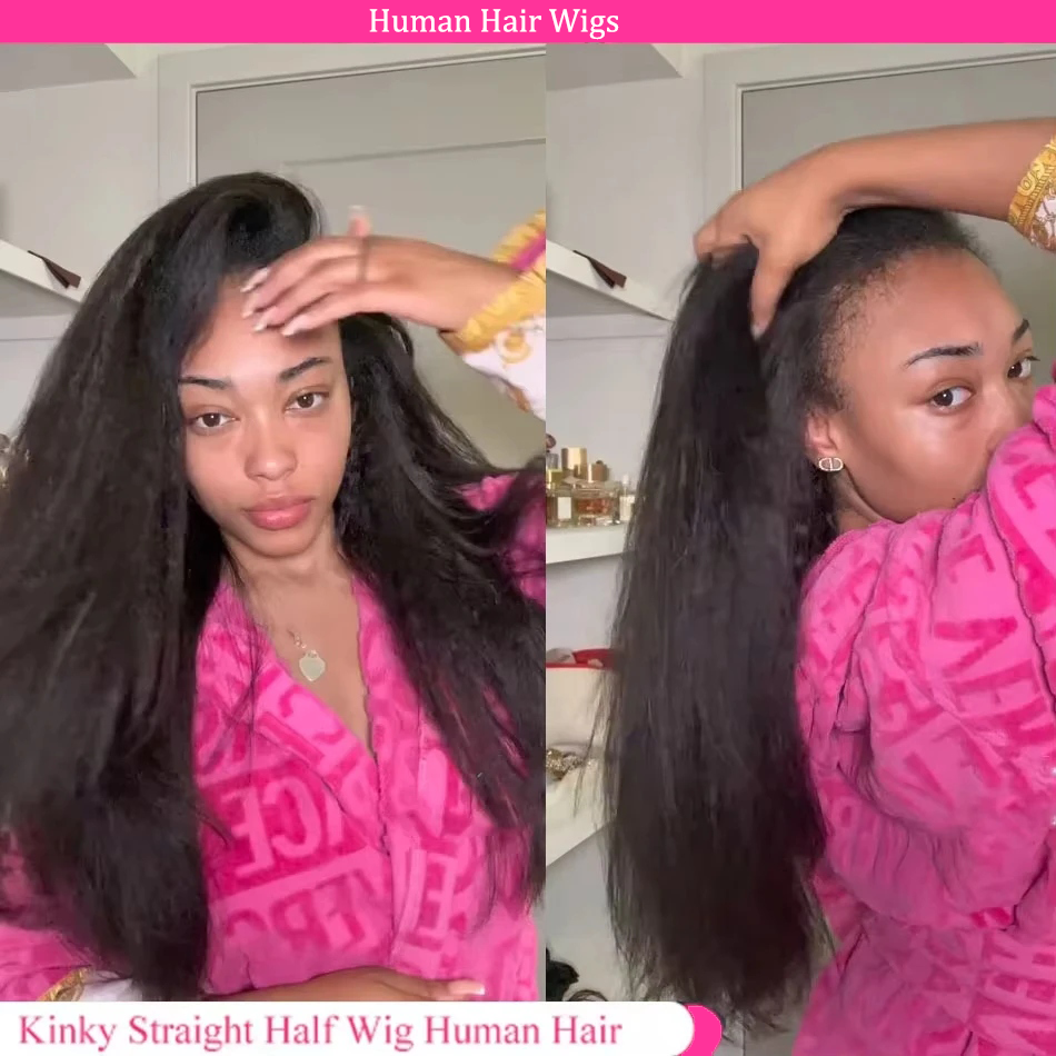Kinky Straight Halfpruik 3-in-1 Halfpruik met trekkoord Omkeerbare pruiken Klaar om te dragen Zonder lijm Mensenhaar pruiken 200% Dichtheid