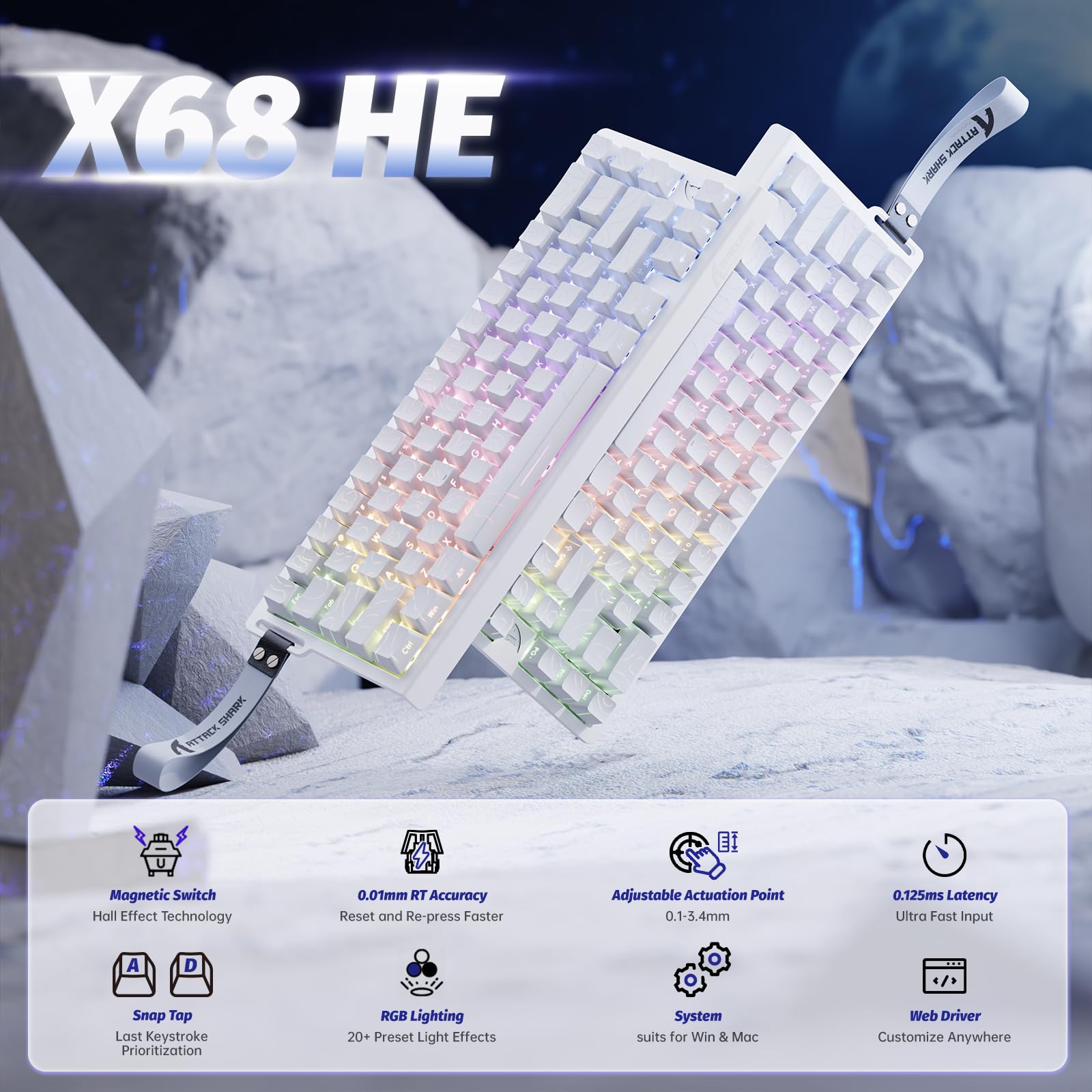 ATTACK SHARK X68 HE 8000 Hz Rapid-Trigger-Tastatur, 0,01 mm RT-Genauigkeit, kabelgebundene Gaming-Tastatur mit Magnetschalter