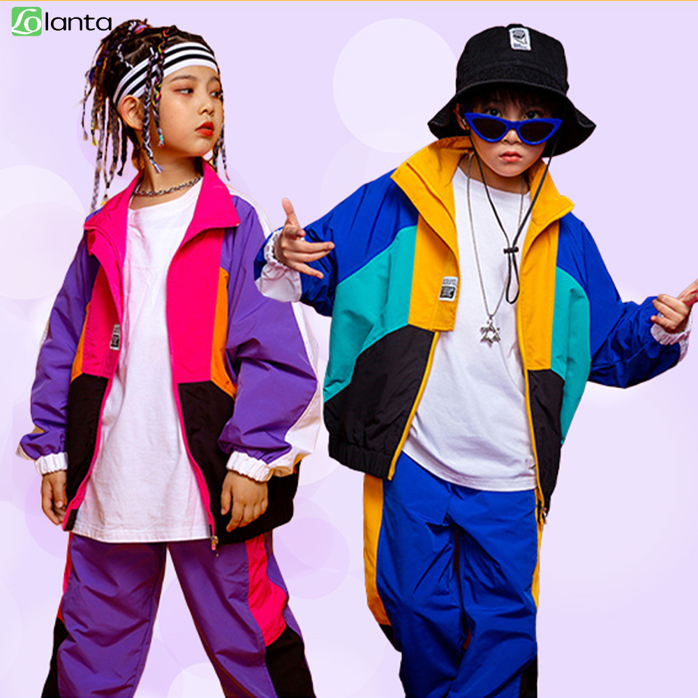 LOlanta 2-teiliges Set für Jungen und Mädchen, Farbblock-Jacke, Trainingshose, Hip-Hop-Tanz-Patchwork-Kleidung, Unisex, Streetwear, 5–16 Jahre