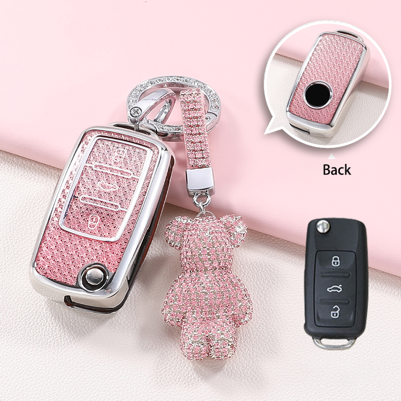 Roze TPU 3-knops auto-afstandsbediening Flip Key Case-houder voor Volkswagen Golf MK6 Polo Beetle Tiguan Touran Passat Caddy Jetta Eos Skoda