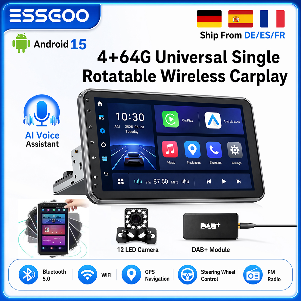 ESSGOO Android 15 10,1 Zoll Universelles Drehbares Autoradio Auto Carplay Multimedia-Player GPS-Navigation Automotive Stereoanlage