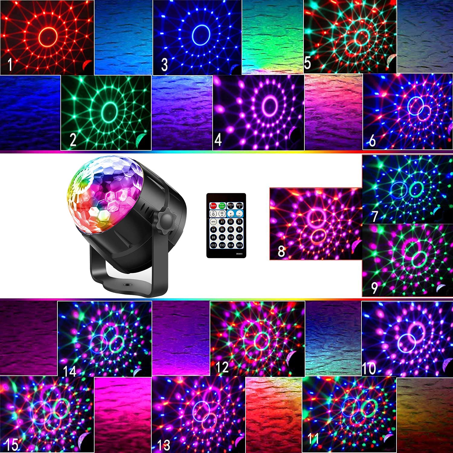 RGB Sound Activated LED Disco Ball Light Rotating DJ Stage Lamp with Remote Control for Home Car Party Club Christmas Decoration