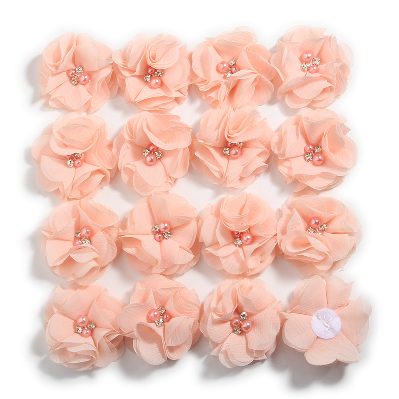 100PCS 5.5cm 2" Pearl Rhinestone Center Chiffon Hair Flower For Hair Accessories Hand Sewing Flower Boutique For Baby Headbands