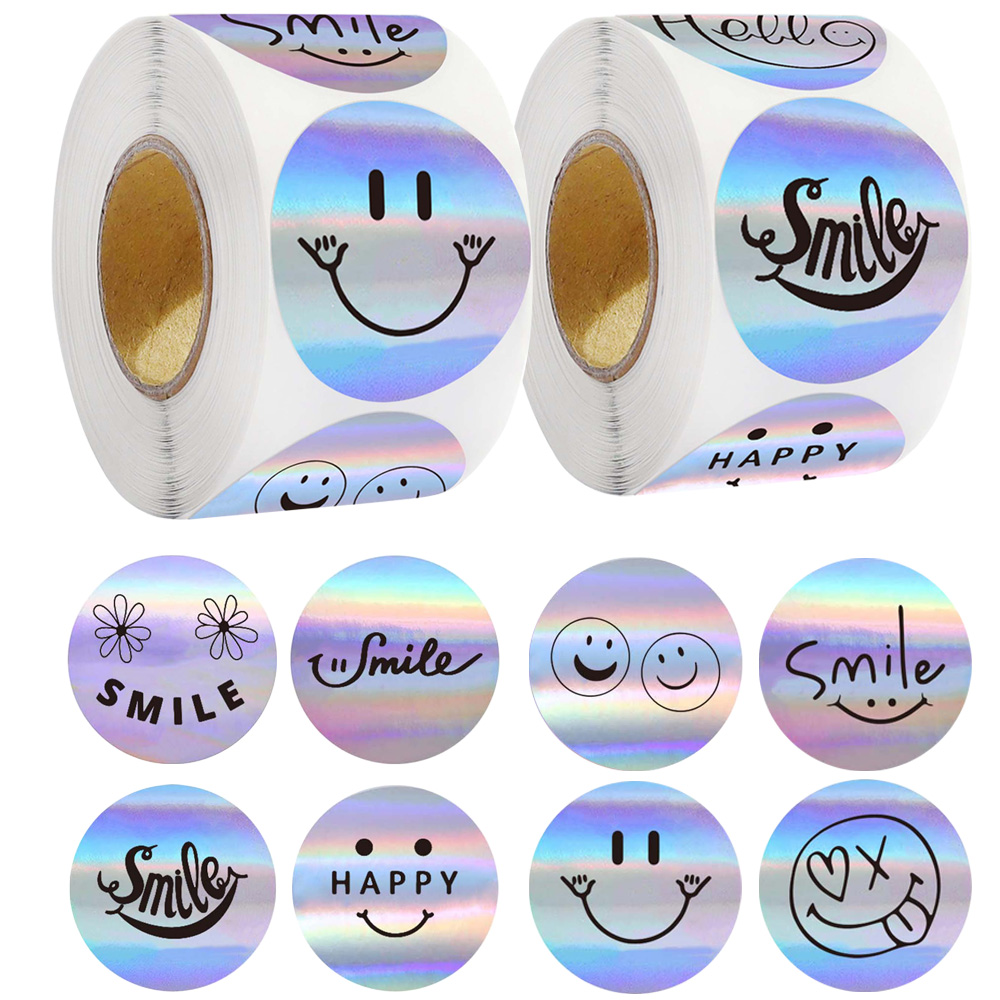 500 sztuk/rolka Happy Yeah Funning Expression naklejki laserowe 2,5 cm/1,0 cala DlY zdobi prezenty, notatnik, czajnik, telefon, etykiety uszczelek