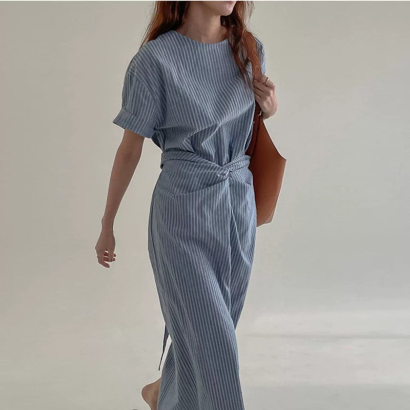 Johnature Korean New Lazy Retro Striped Lace-up Waist Dresses   Summer Women O-neck Short Sleeve Loose Casual Dresses