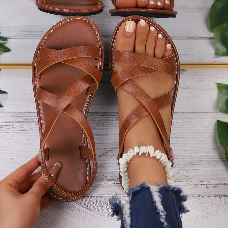 Dames platte Romeinse sandalen met gekruiste bandjes, open teen, enkelband, comfortabele wandelschoenen voor zomer, strandvakantie, casual dagelijks gebruik