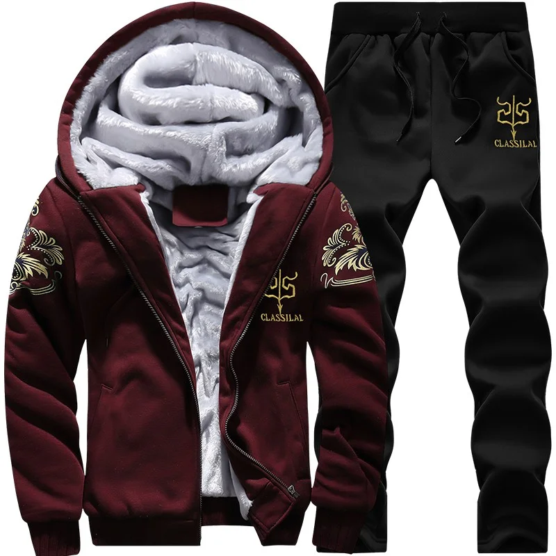 Set sportivo autunnale e invernale da uomo giacca cardigan casual con cappuccio camicia sportiva calda ispessita per esterni + pantaloni set da due pezzi