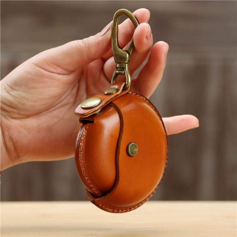 Bolsas de Almacenamiento Hechas a Mano, Bolsas Redondas Pequeñas de Cuero Genuino, Estuches Portátiles y Creativos para Auriculares Bluetooth, Cajas de Regalo de Alta Gama