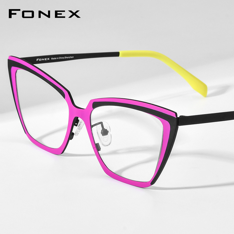 Montura de gafas FONEX de titanio para mujer, diseño de marca a la moda, gafas de ojo de gato de gran tamaño, gafas ultraligeras de gran tamaño 85809