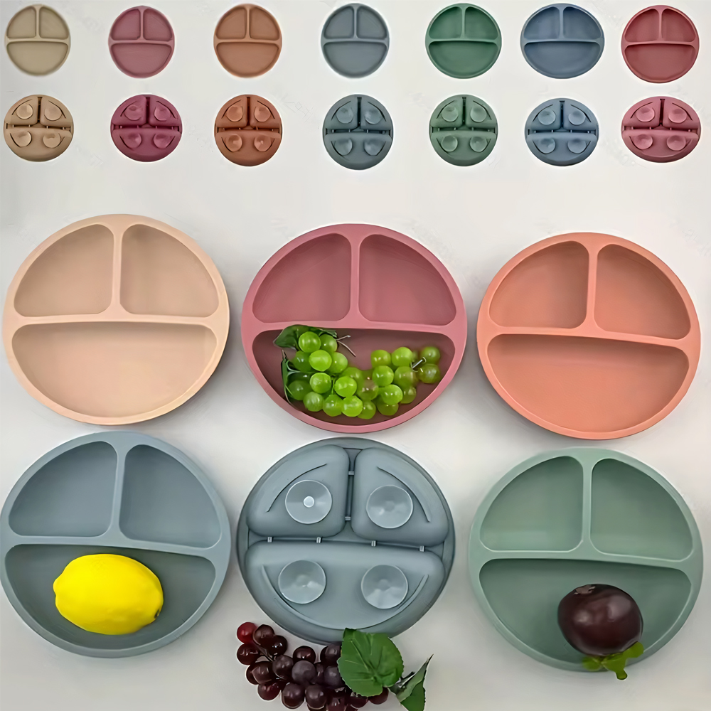 Suction Plates For Babies, Silicone With Lid Divided Design Dinner Plate