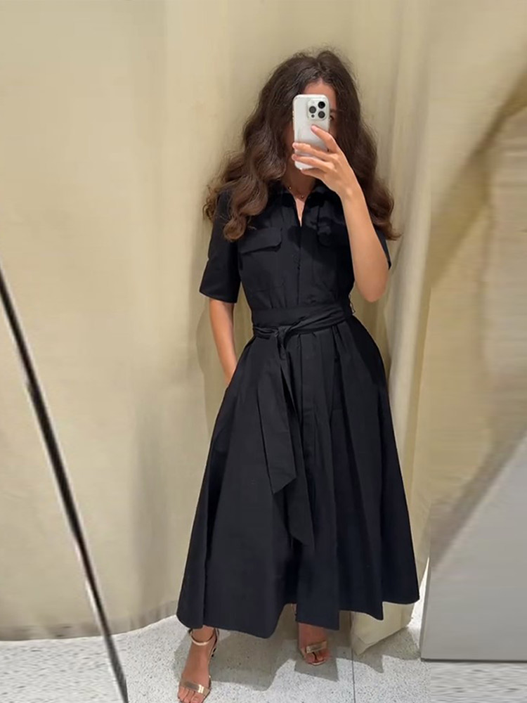 Elegantes Damenkleid mit Gürtel, Langärmliges Plissiertes Kleid mit Revers und Taillierung, A-Linien-Kleid für Damen, Frühjahr 2026 Kollektion