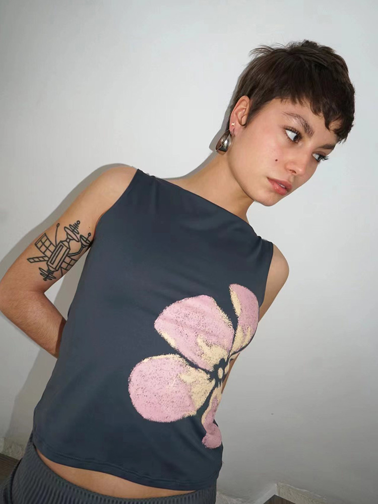 Canotta corta da donna con stampa floreale aderente con scollo a barca senza maniche Top estivo per Party Club 2025 Nuova moda