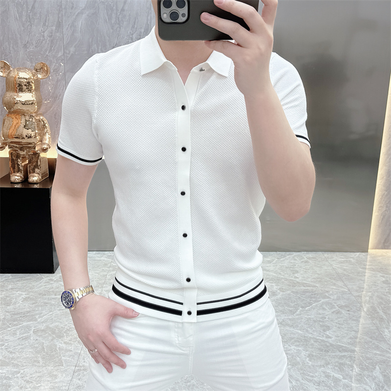 Verão manga curta lapela camisetas masculinas casual negócios malha cardigan versátil confortável camisetas polo de seda gelo
