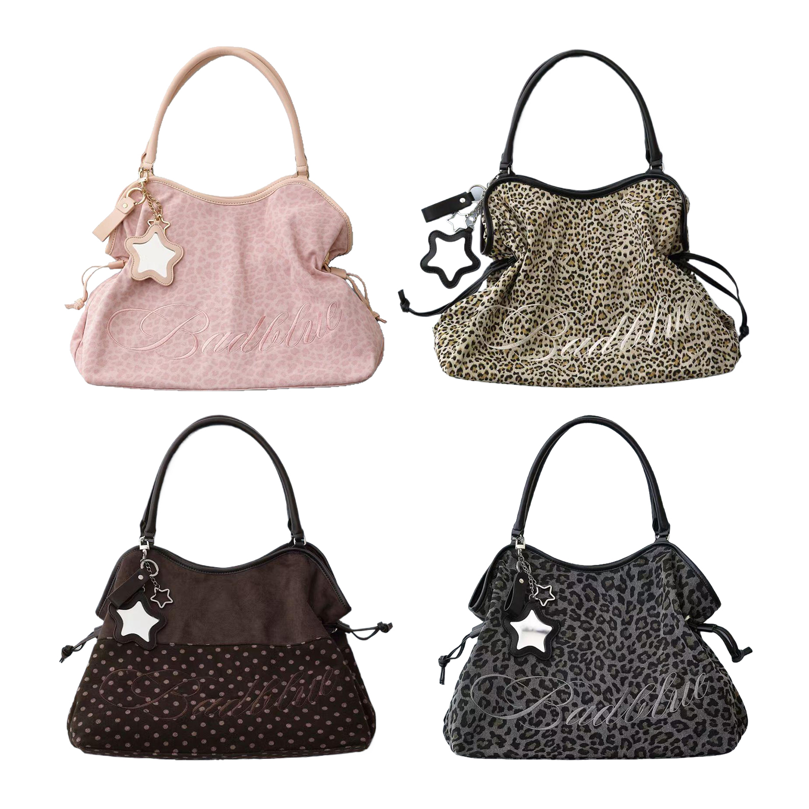 Bolsa Tote Bordada com Estampa de Leopardo BadBlue, Grande Capacidade, Bolsa de Ombro com Pingente Espelhado em Forma de Estrela, Bolsa Feminina Trendy Y2K
