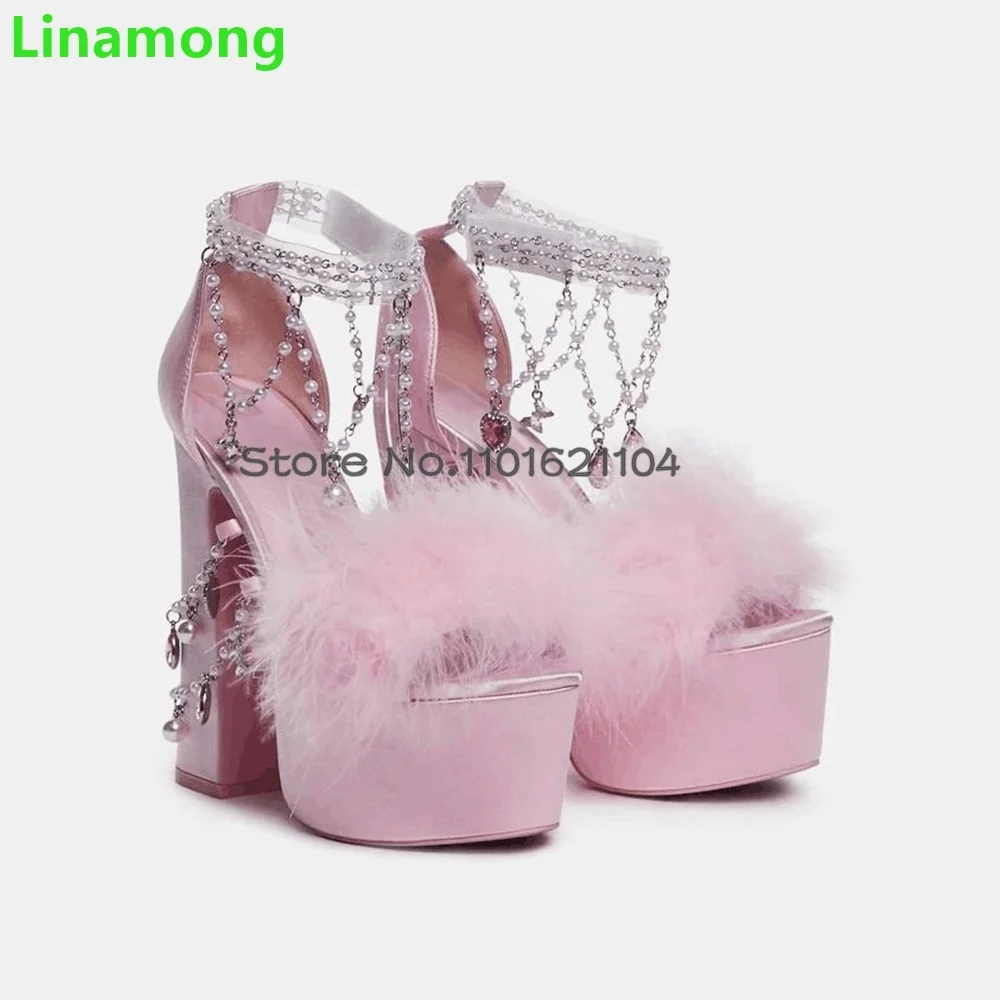 Sandales en cristal de fourrure rose pour femmes, design de luxe, talon carré, plate-forme, mode élégante, chaussures d'été douces, nouveau, 2024
