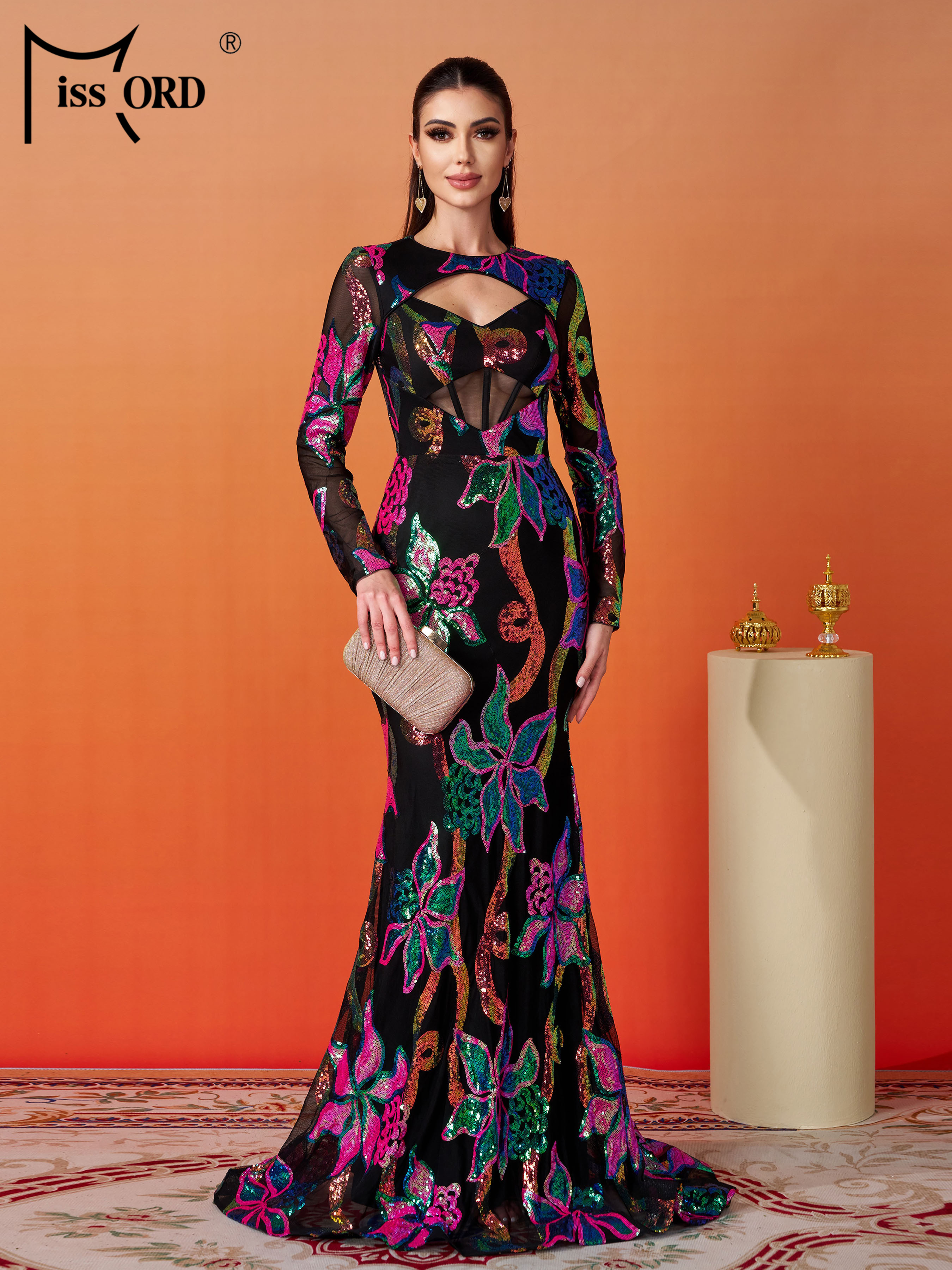 Missord New Floral Round Neck Long Sleeved Sequin Mermaid Evening Gown Wedding Birthday Party  Luxury Formal Occasion Dress