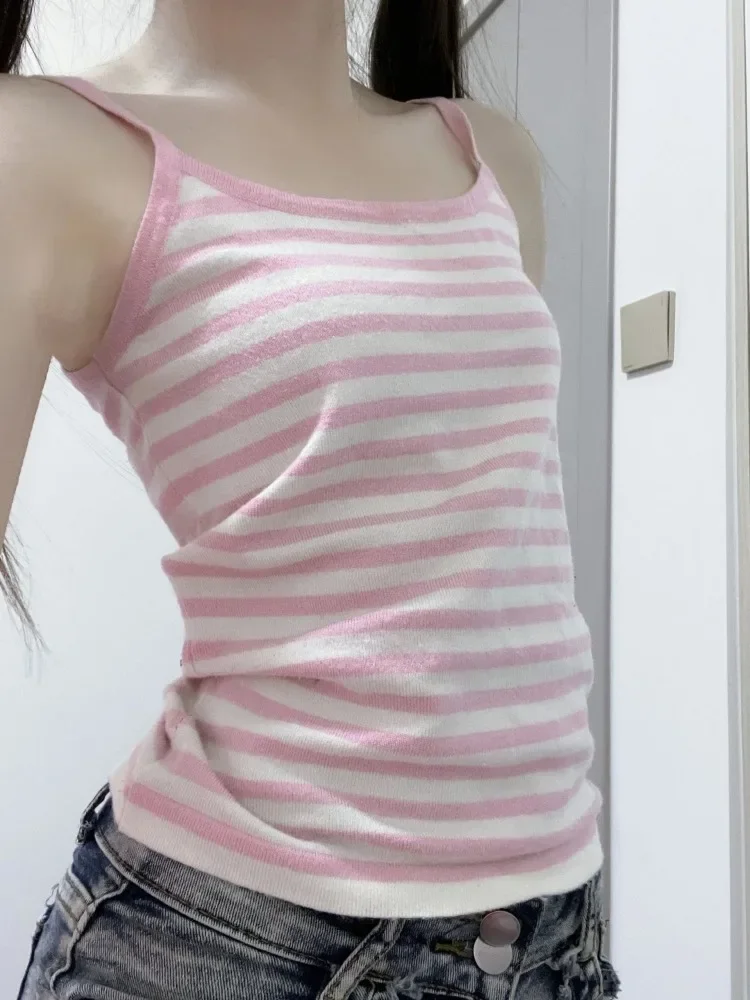 夏 Ropa Mujer クロップトップス女性服カジュアルセクシーな 2025 Y2k タンクファッションストライプ甘いベストスリムフィットノースリーブキャミソール