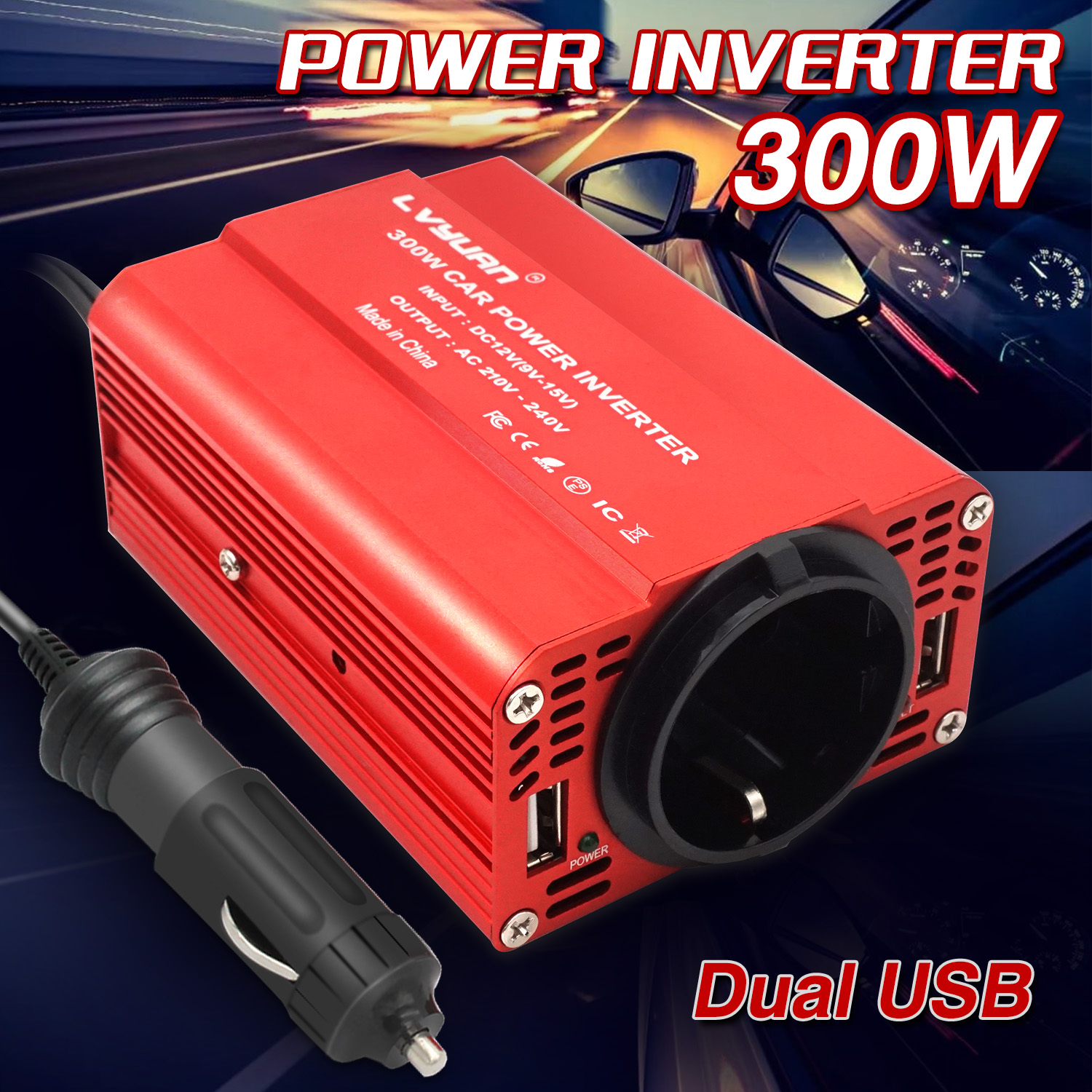 300W Inwerter 12V do 220V 230V Wtyczka zapalniczki samochodowej Konwerter napięcia Podwójne gniazdo USB EU Akcesoria samochodowe