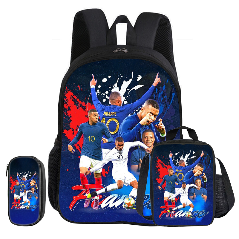M-Mbappe 3 Stuks Set Schoolrugzak Voetbal Ster Kind Rugzak Potlood Zakken Boekentas Met Lunch Tas Sport Knapzak Kids Gift